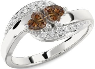 Chocolate Brown Diamond Silver Two Heart Ring