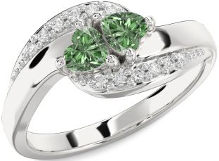 Green Diamond Silver Two Heart Ring