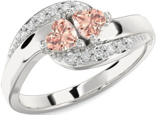 Diamond Morganite Silver Two Heart Ring