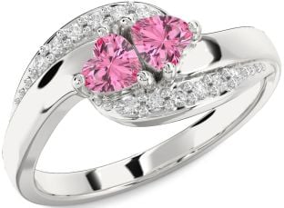 Diamond Pink Sapphire Silver Two Heart Ring