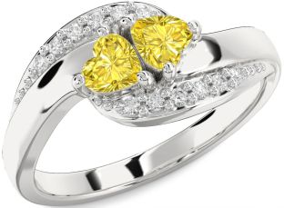 Yellow Diamond Silver Two Heart Ring