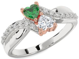 Diamond Rose Gold Silver Two Heart Promise Ring