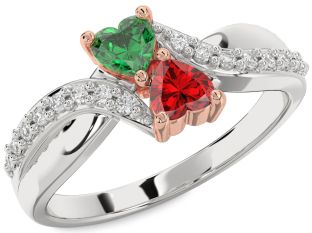 Diamond Emerald Platinum & Rose Gold Two Heart Birthstone Ring