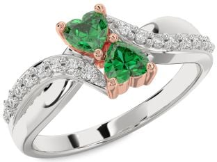 Diamond Emerald Platinum & Rose Gold Two Heart Birthstone Ring