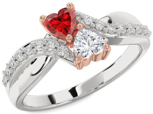 Diamond Emerald Platinum & Rose Gold Two Heart Birthstone Ring