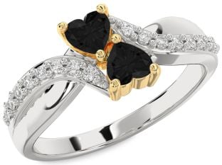 Black Diamond Gold Silver Two Heart Ring