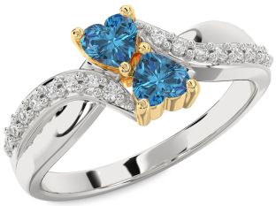 Blue Diamond Gold Silver Two Heart Ring