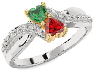 Diamond Emerald Platinum & Yellow Gold Two Heart Birthstone Ring