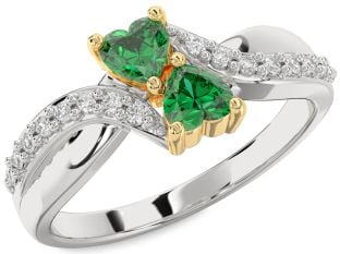 Diamond Emerald Platinum & Yellow Gold Two Heart Birthstone Ring