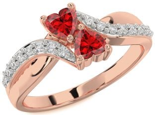 Diamond Emerald Rose Gold Silver Two Heart Birthstone Ring