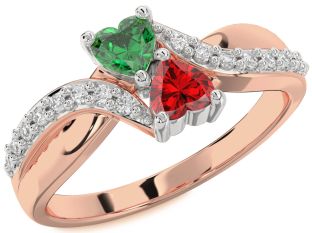 Diamond Emerald Platinum & Rose Gold Two Heart Birthstone Ring