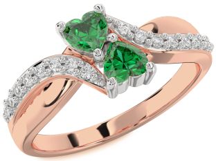 Diamond Emerald Platinum & Rose Gold Two Heart Birthstone Ring