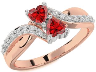 Diamond Emerald Platinum & Rose Gold Two Heart Birthstone Ring