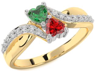 Diamond Emerald Platinum & Yellow Gold Two Heart Birthstone Ring