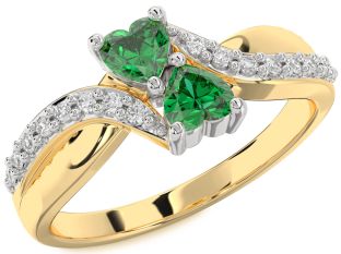 Diamond Emerald Platinum & Yellow Gold Two Heart Birthstone Ring
