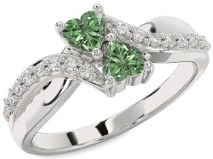 Green Diamond Silver Two Heart Ring