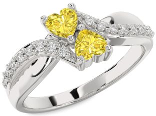 Yellow Diamond Silver Two Heart Ring