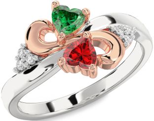 Diamond Emerald Platinum & Rose Gold Infinity Two Heart Birthstone Ring
