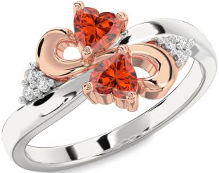 Diamond Emerald Platinum & Rose Gold Infinity Two Heart Birthstone Ring