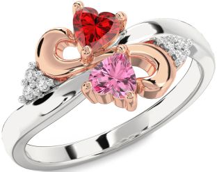 Diamond Emerald Platinum & Rose Gold Infinity Two Heart Birthstone Ring