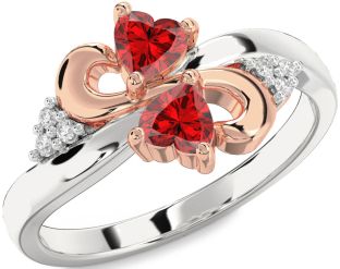 Diamond Emerald Platinum & Rose Gold Infinity Two Heart Birthstone Ring