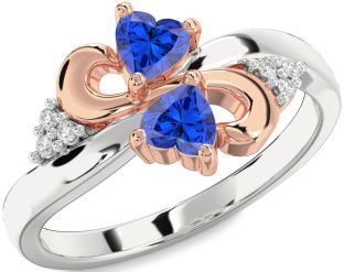 Diamond Emerald Platinum & Rose Gold Infinity Two Heart Birthstone Ring