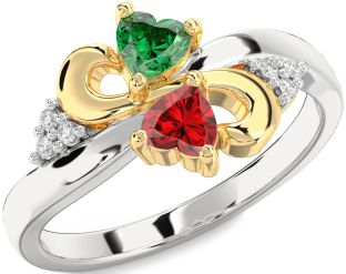 Diamond Emerald Platinum & Yellow Gold Infinity Two Heart Birthstone Ring