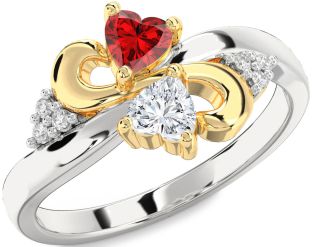 Diamond Emerald White Yellow Gold Infinity Two Heart Birthstone Ring