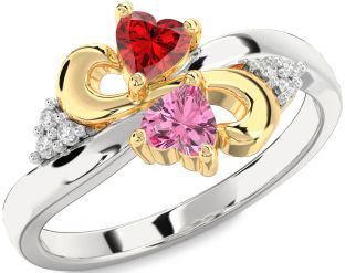 Diamond Emerald Platinum & Yellow Gold Infinity Two Heart Birthstone Ring