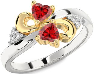 Diamond Emerald Platinum & Yellow Gold Infinity Two Heart Birthstone Ring