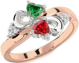 Diamond Emerald White Rose Gold Infinity Two Heart Birthstone Ring