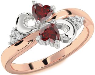 Diamond Emerald Platinum & Rose Gold Infinity Two Heart Birthstone Ring