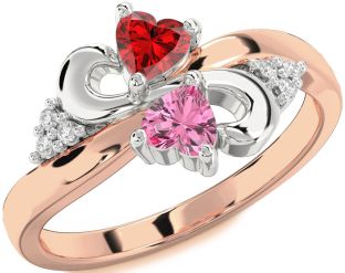 Diamond Emerald Platinum & Rose Gold Infinity Two Heart Birthstone Ring