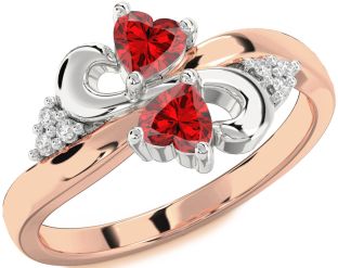 Diamond Emerald Platinum & Rose Gold Infinity Two Heart Birthstone Ring