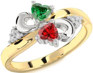 Diamond Emerald Platinum & Yellow Gold Infinity Two Heart Birthstone Ring