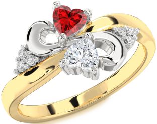 Diamond Emerald White Yellow Gold Infinity Two Heart Birthstone Ring