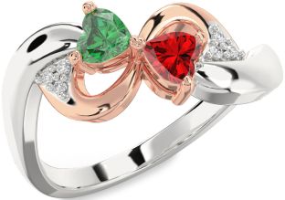 Diamond Emerald Rose Gold Silver Infinity Two Heart Birthstone Ring