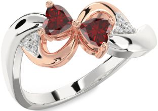 Diamond Emerald Platinum & Rose Gold Infinity Two Heart Birthstone Ring