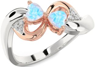 Diamond Emerald Platinum & Rose Gold Infinity Two Heart Birthstone Ring