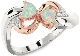 Diamond Emerald Platinum & Rose Gold Infinity Two Heart Birthstone Ring