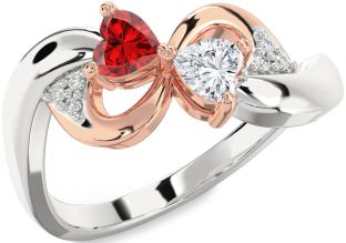 Diamond Emerald Platinum & Rose Gold Infinity Two Heart Birthstone Ring