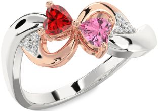 Diamond Emerald Platinum & Rose Gold Infinity Two Heart Birthstone Ring