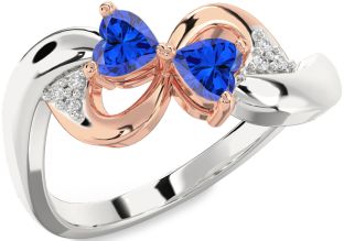 Diamond Emerald Platinum & Rose Gold Infinity Two Heart Birthstone Ring