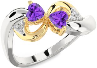 Diamond Emerald Platinum & Yellow Gold Infinity Two Heart Birthstone Ring