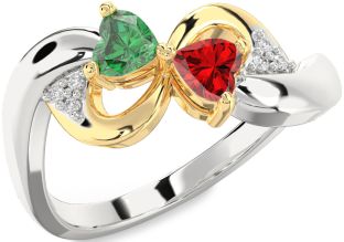 Diamond Emerald Gold Silver Infinity Two Heart Birthstone Ring