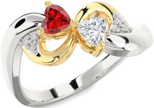 Diamond Emerald Platinum & Yellow Gold Infinity Two Heart Birthstone Ring