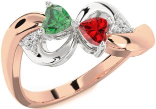 Diamond Emerald Platinum & Rose Gold Infinity Two Heart Birthstone Ring