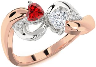 Diamond Emerald Platinum & Rose Gold Infinity Two Heart Birthstone Ring