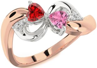 Diamond Emerald Platinum & Rose Gold Infinity Two Heart Birthstone Ring