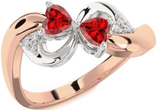 Diamond Emerald Platinum & Rose Gold Infinity Two Heart Birthstone Ring